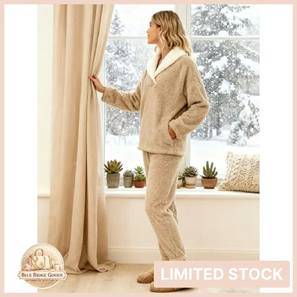 Cozy Sherpa Fleece Pajama Set Oversized Lapel Pullover Lounge Wear Y2K